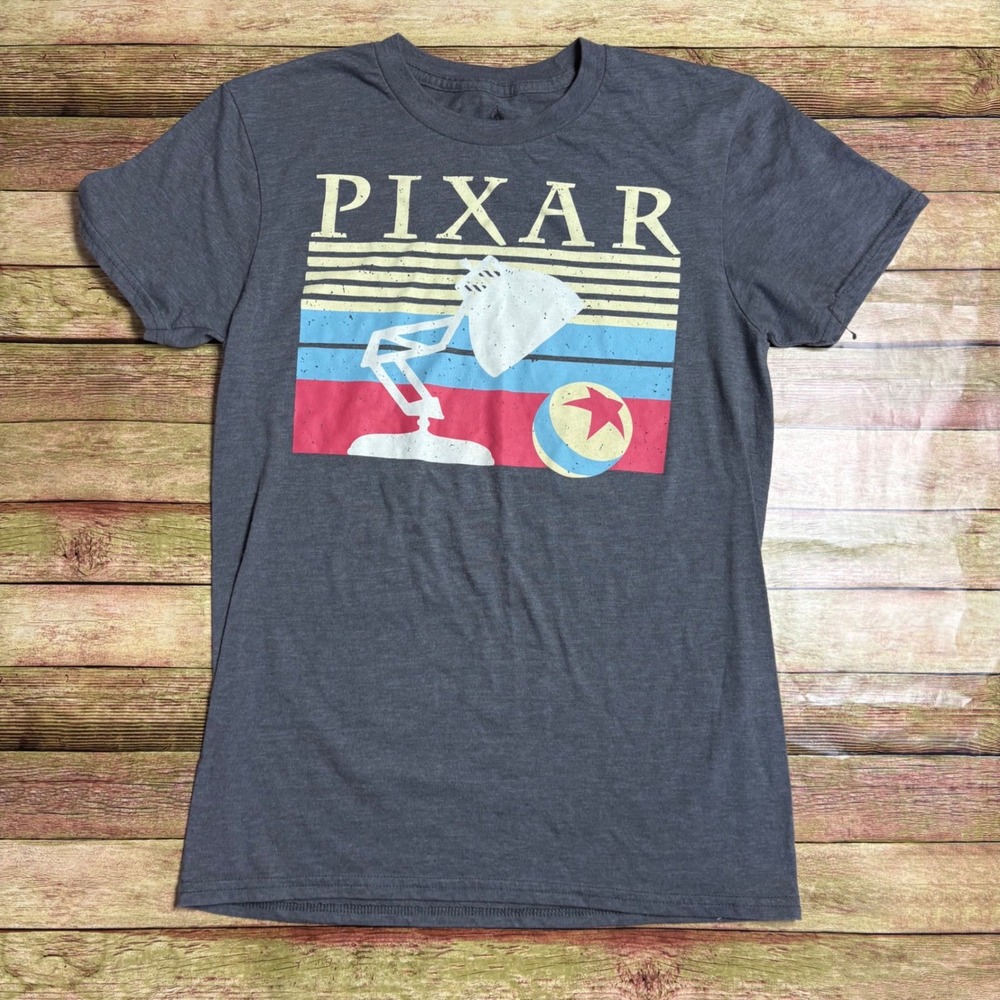 Disney Pixar Retro Stripe Graphic Tee Shirt Charcoal Grey Luxo Lamp Ball Top